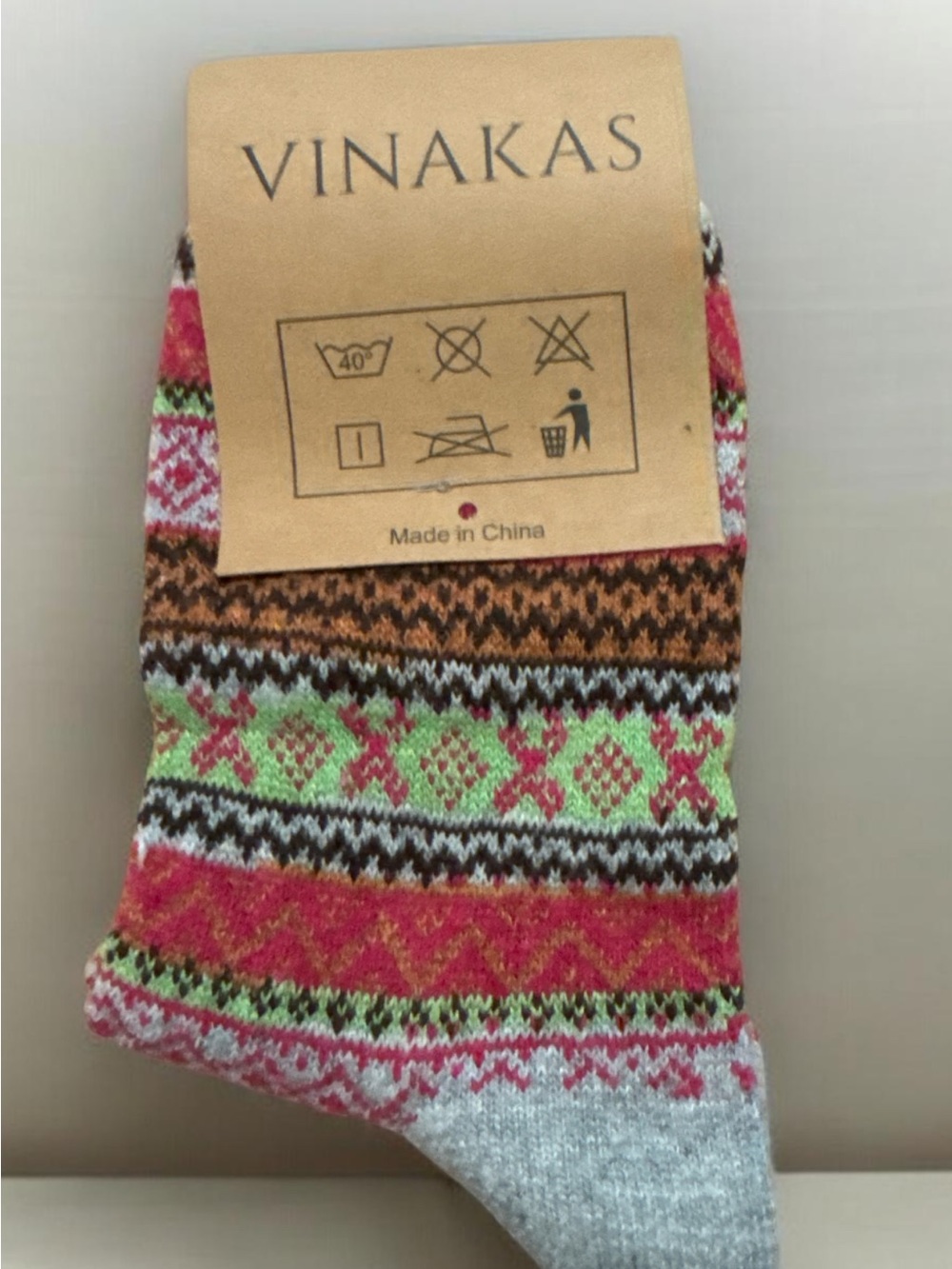 Patterned Crew Socks in Pink, Green & Brown